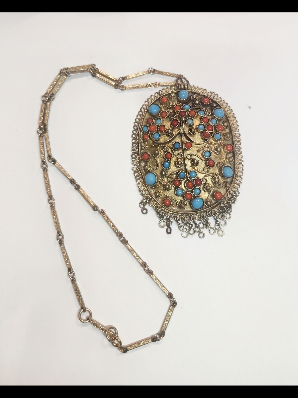 Bohemian Filigree Pendant Necklace with Turquoise and Coral Accents